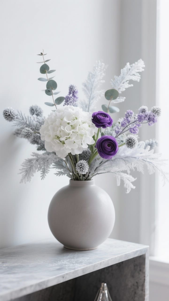 Matte ceramic vase of frosted white hydrangeas, lavender eucalyptus and purple ranunculus for purple and white winter decor