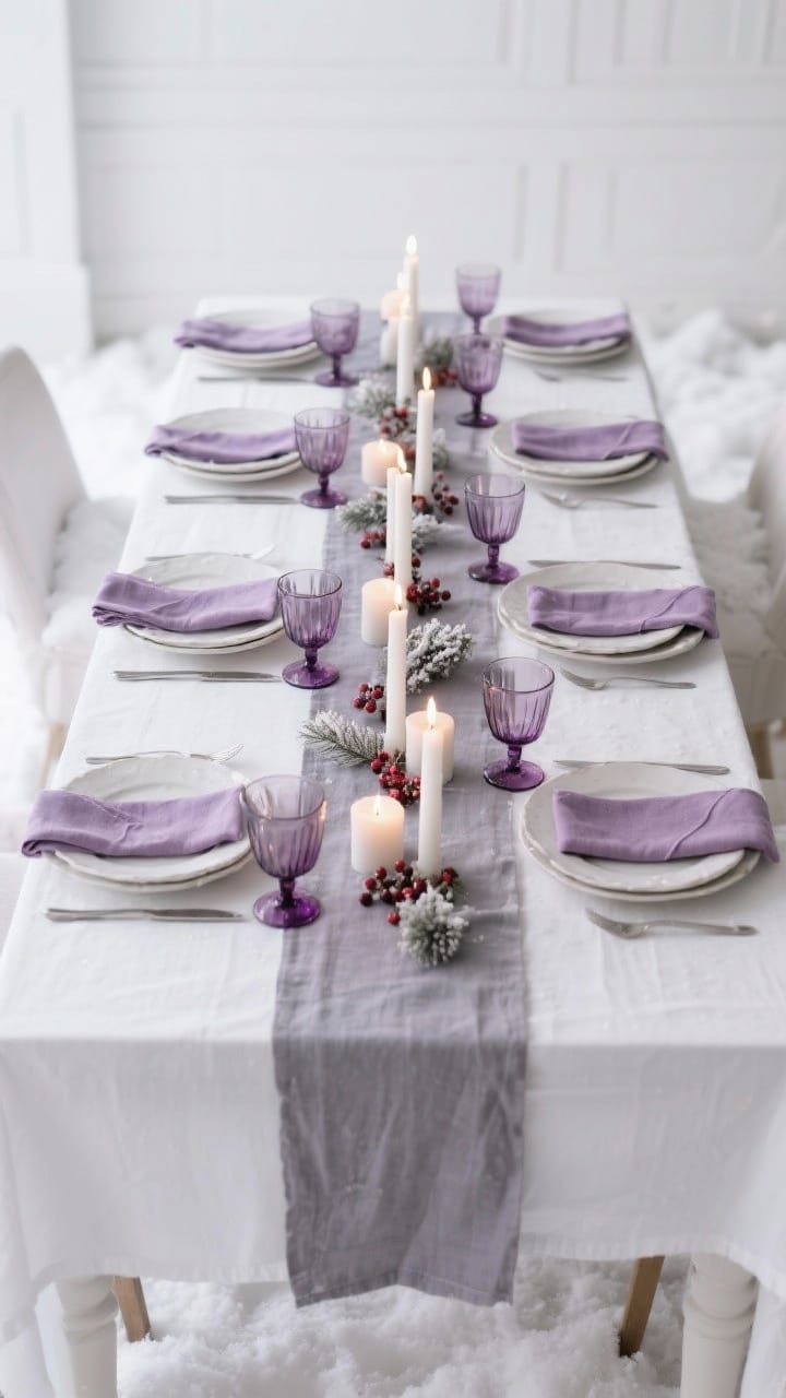 Overhead winter tablescape with white plates, a lavender runner, purple napkins and candlelight for purple and white winter decor
