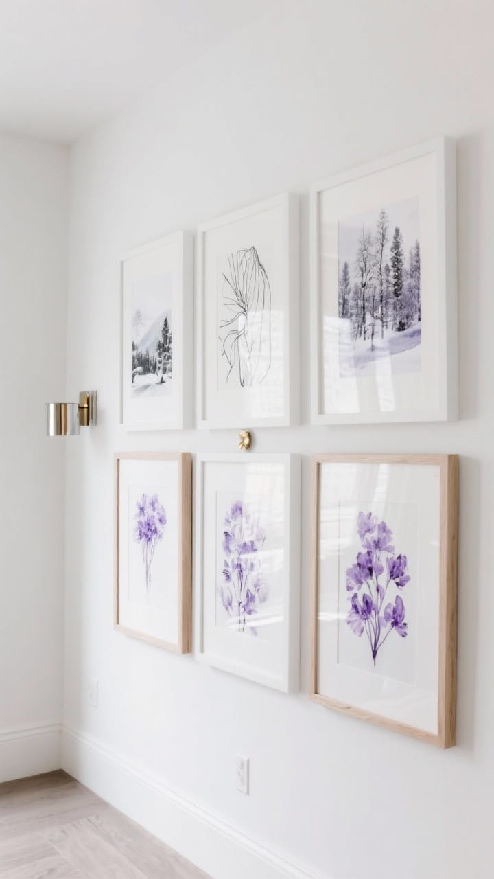 Winter gallery wall with grayscale landscapes and lavender watercolor prints in white frames for purple and white winter decor