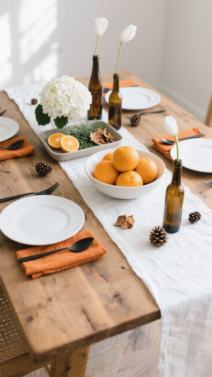 Overhead white linen tablescape with a ceramic bowl of oranges, white hydrangeas, and dried citrus for orange and white winter decor