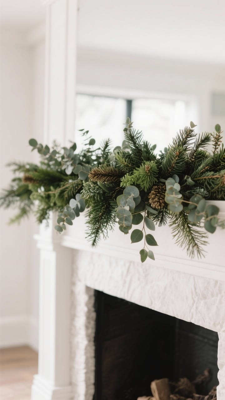 Photorealistic medium shot of an elevated evergreen garland on a mantle: base of full faux/real evergreens with tucked eucalyptus, cedar sprays, and juniper for variation;