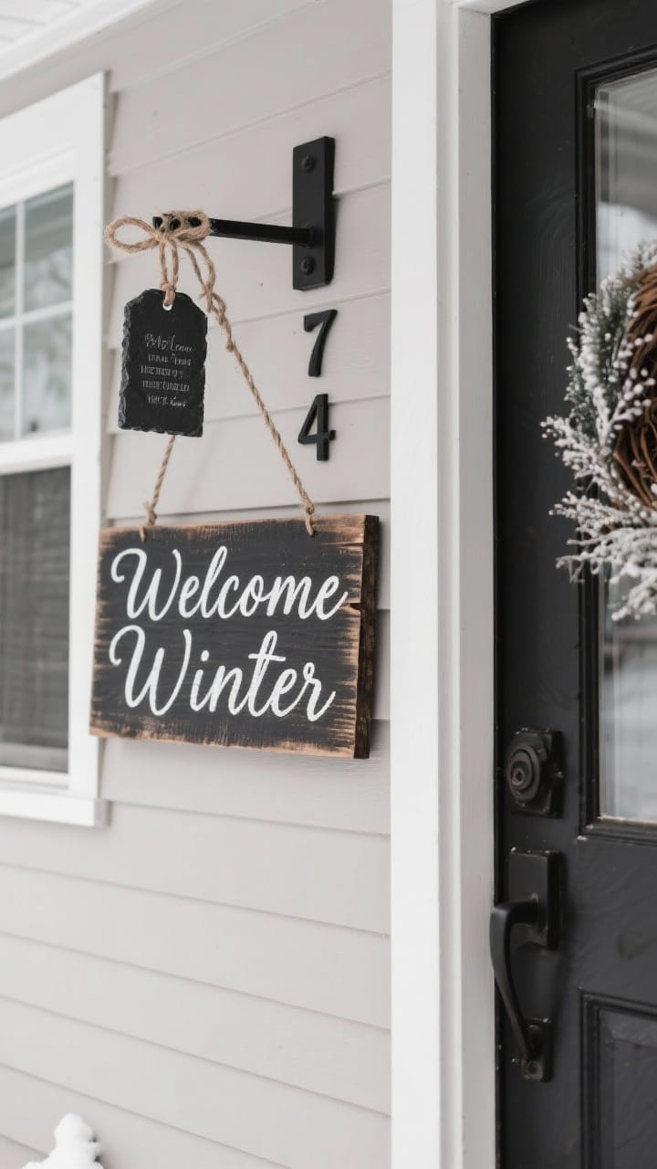 Tasteful winter signage with a hand-lettered reclaimed wood Welcome Winter sign in clean script beside the door, a small slate tag on a wreath, and matte black house numbers in neutral winter light.