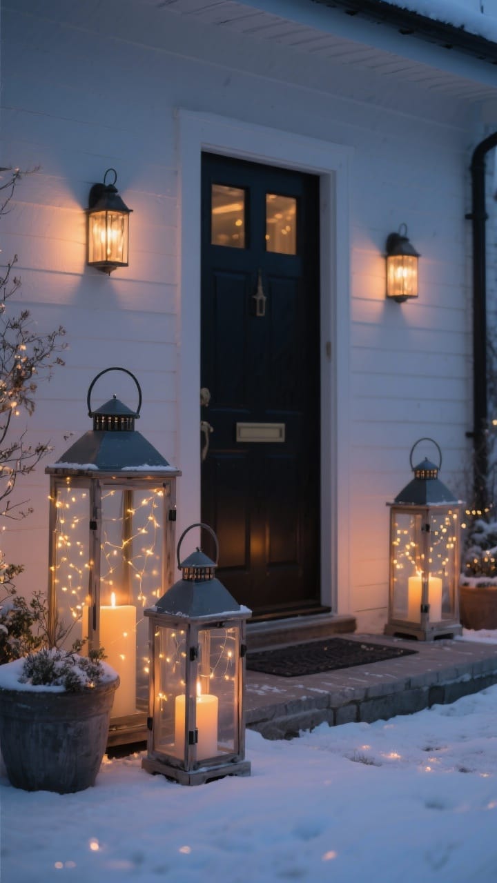Evening doorstep vignette with a trio of lanterns in varying heights holding warm flameless pillar candles, with micro fairy lights draped around nearby planters for a cozy winter glow.