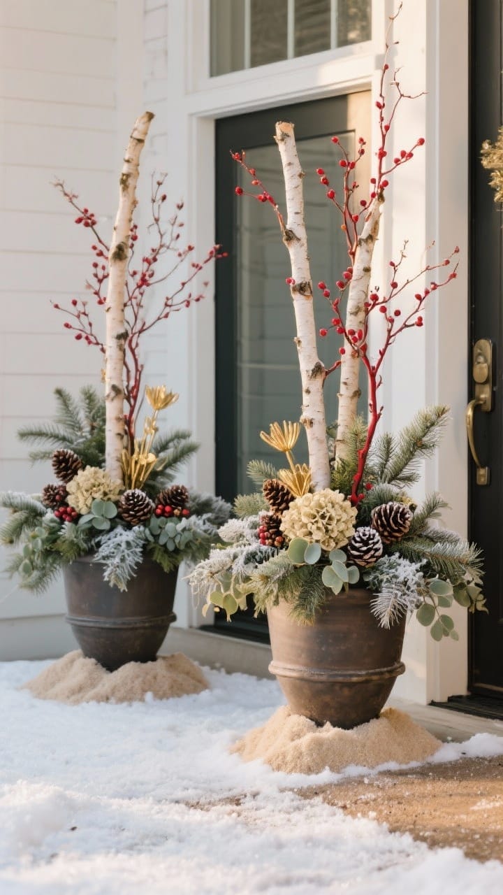 Winter urns flanking a front door arranged like mini gardens with birch poles, red dogwood branches, cedar and pine boughs, pinecones, faux berries, and gold picks in soft late-afternoon winter light.
