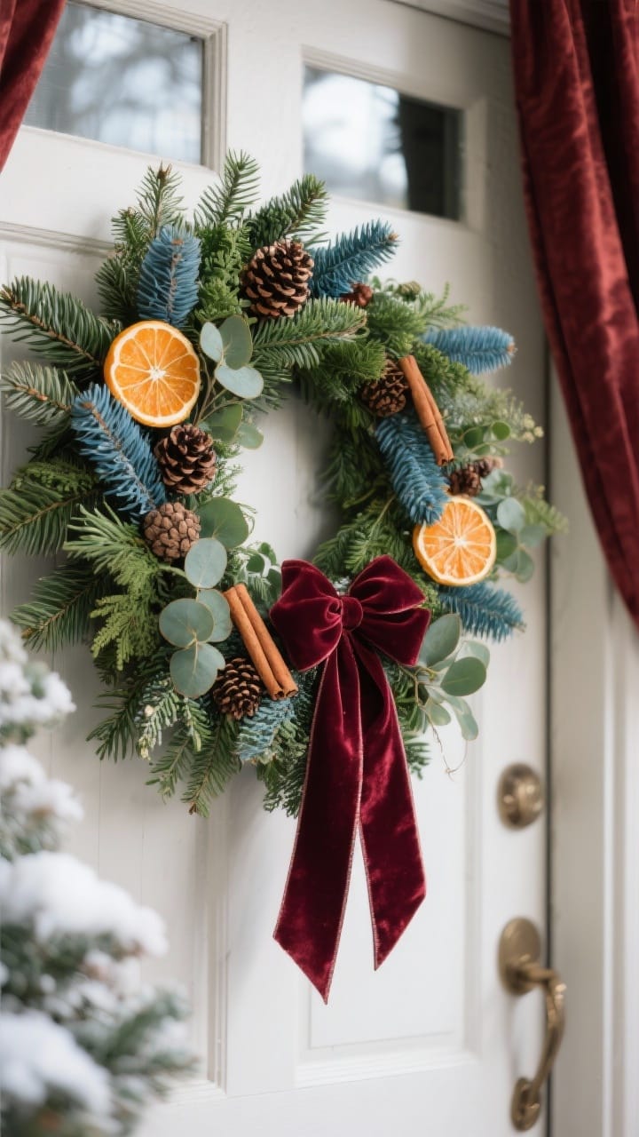 Luxe evergreen winter wreath on a front door with layered cedar, pine, fir, eucalyptus, dried orange slices, pinecones, cinnamon sticks, and an oxblood velvet ribbon in soft winter daylight.