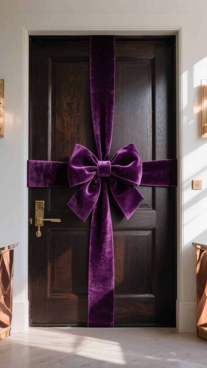 Front door wrapped like a present with wide deep-plum velvet ribbon crossing vertically and horizontally, anchored by an oversized bow on dark wood for moody winter elegance in soft daylight.