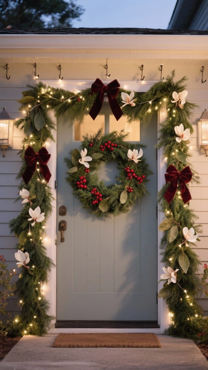 Front door framed by lush winter door garland with evergreen, red berries, and magnolia leaves, warm white twinkle lights, and small velvet bows glowing at twilight.