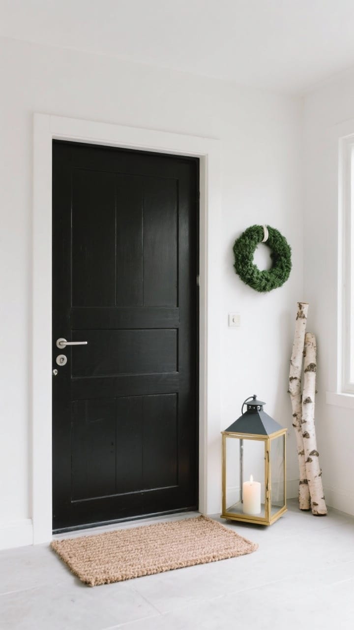 Minimalist Scandinavian winter entry with matte black door hardware, a plain green wreath, one oversized lantern with a single candle, and birch logs by a neutral coir doormat in soft overcast daylight.