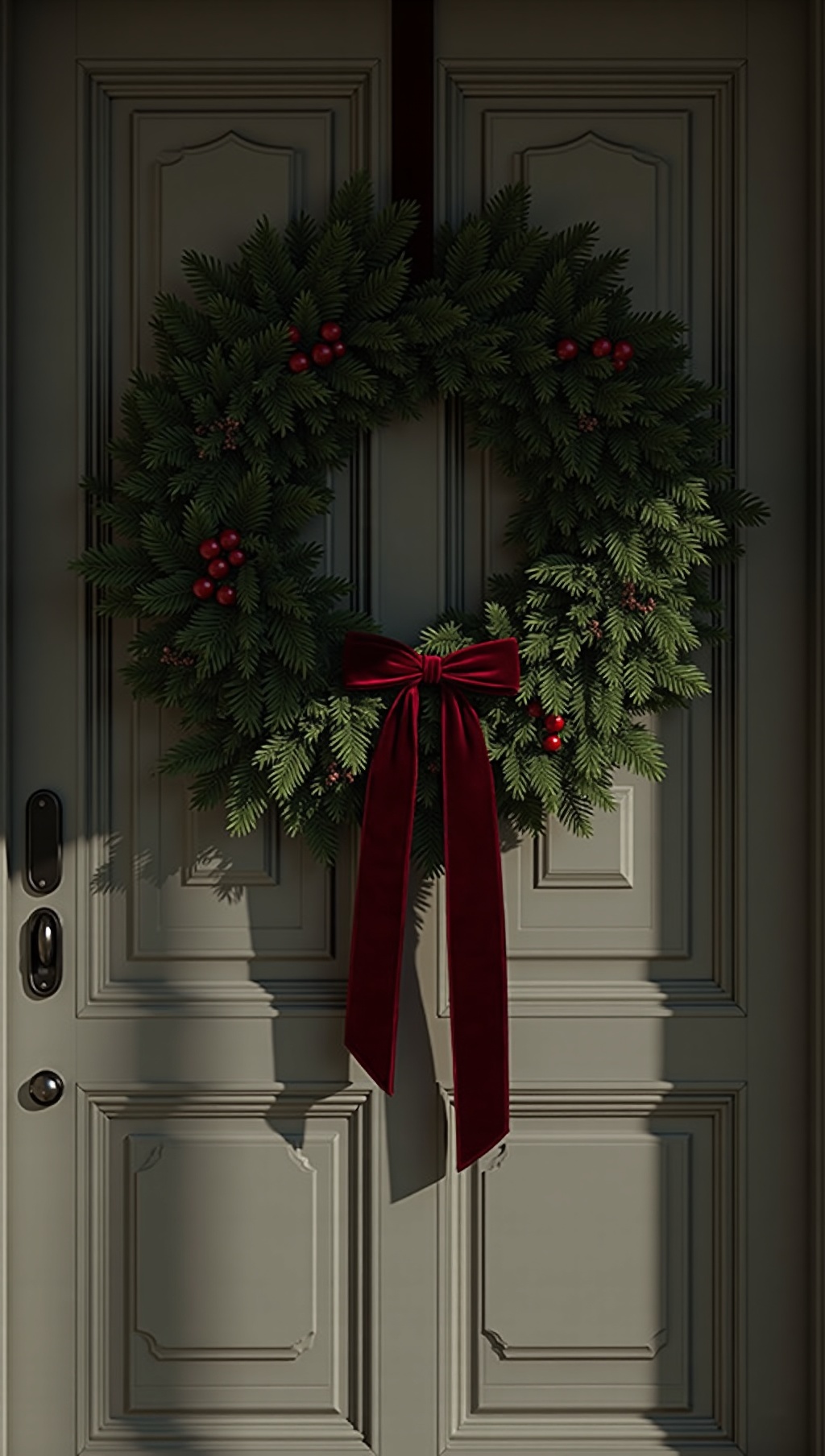Luxe layered evergreen wreath on a front door