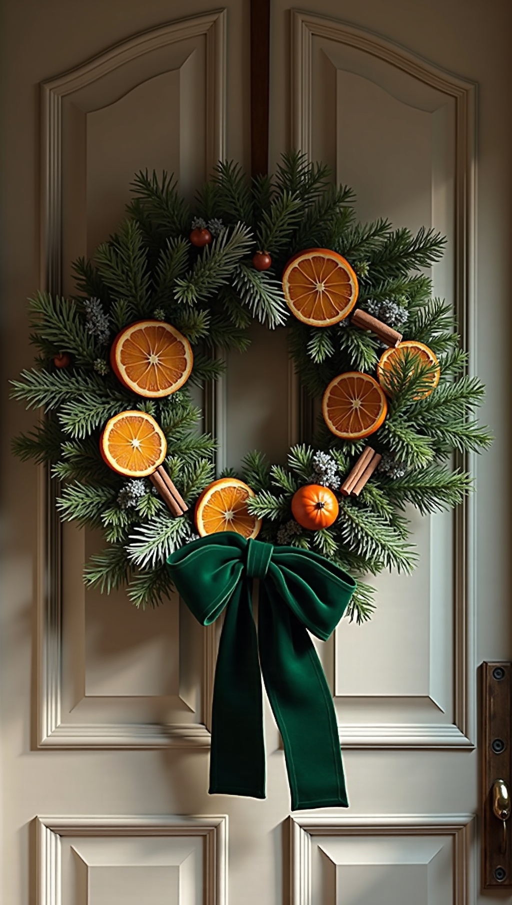Mixed greenery wreath with a forest-green velvet ribbon