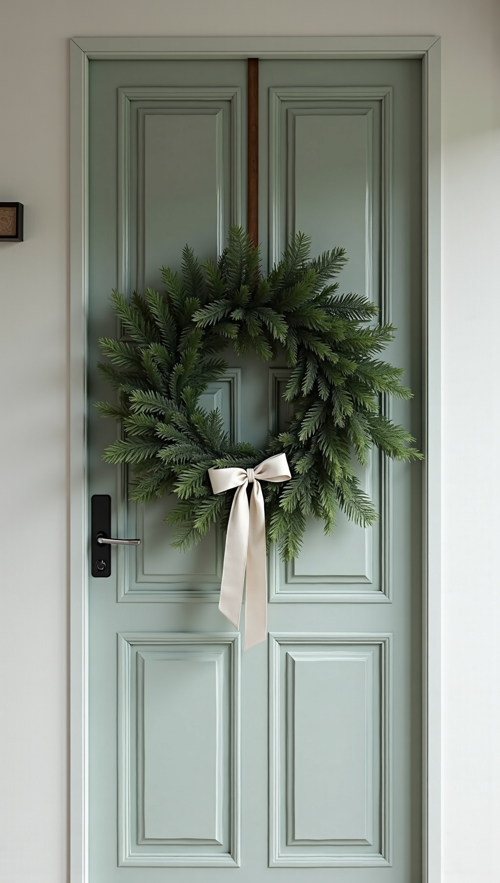 Minimal monochrome evergreen wreath with a wide ribbon