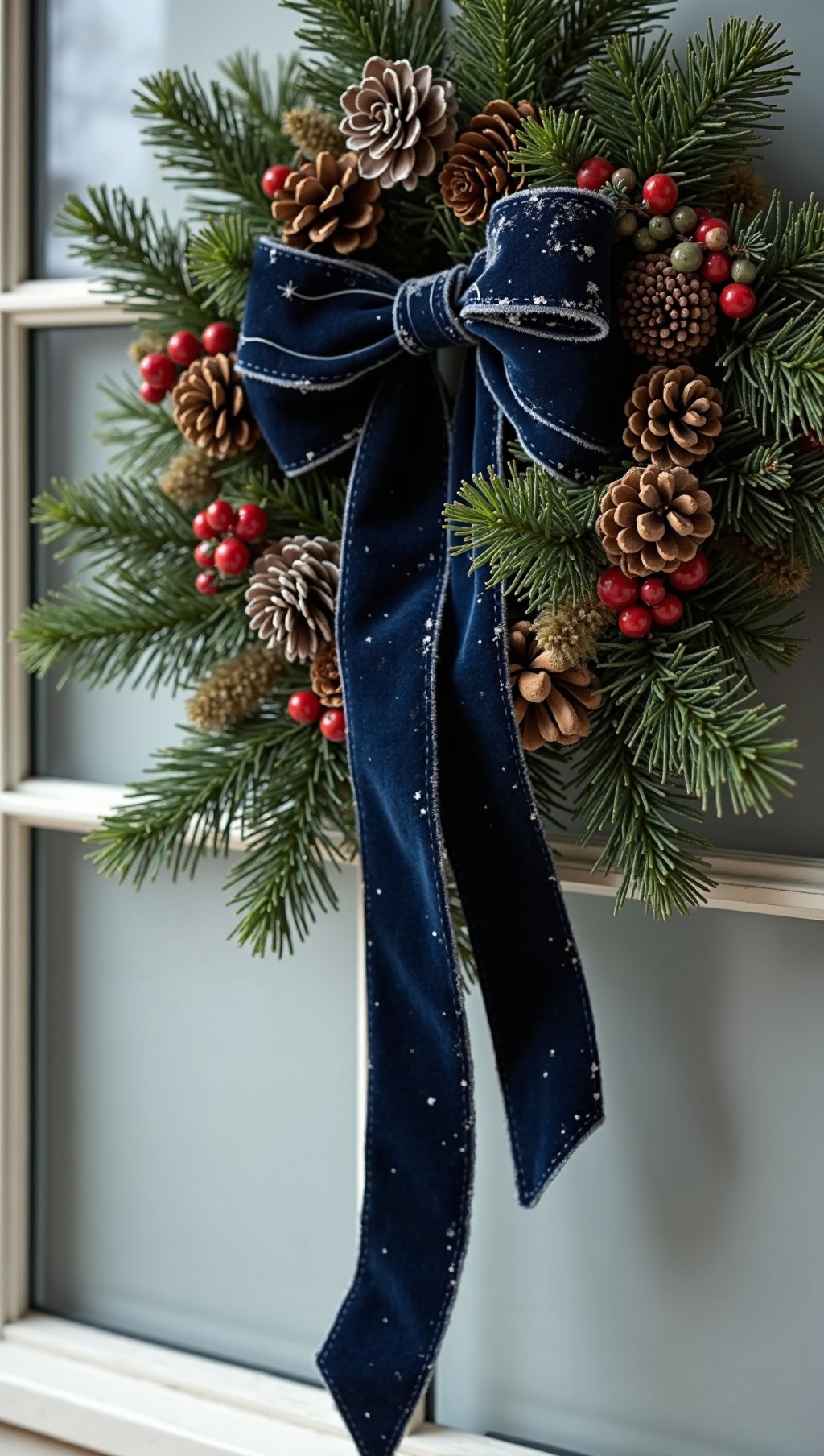 Textured winter wreath with pinecones and berries