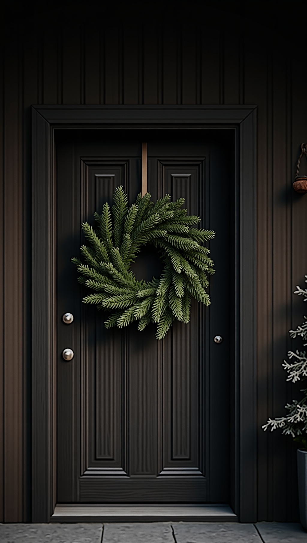 Pine and fir wreath on a dark wood door