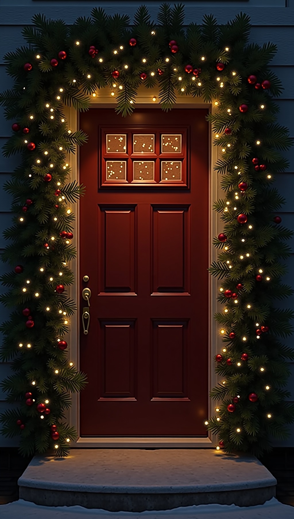 Door framed by berry-and-magnolia garland with twinkle lights