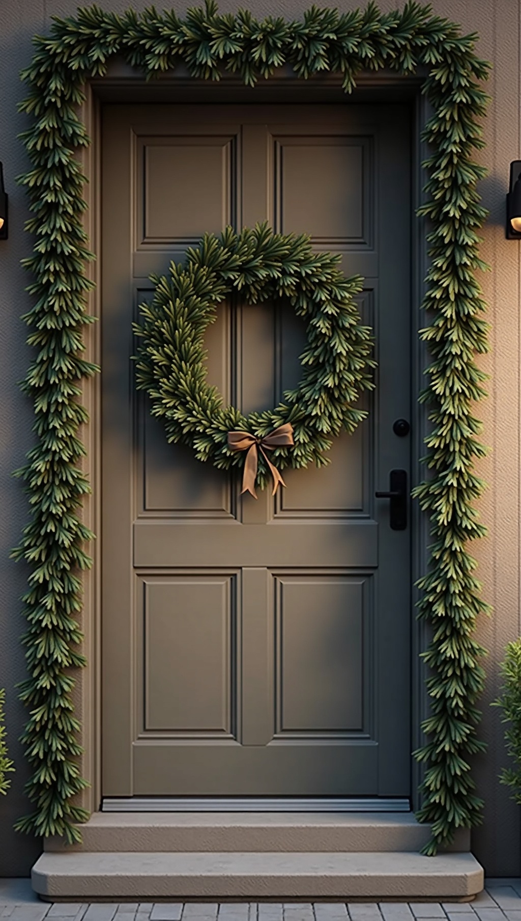 Doorway draped with woven garlands and small velvet bows