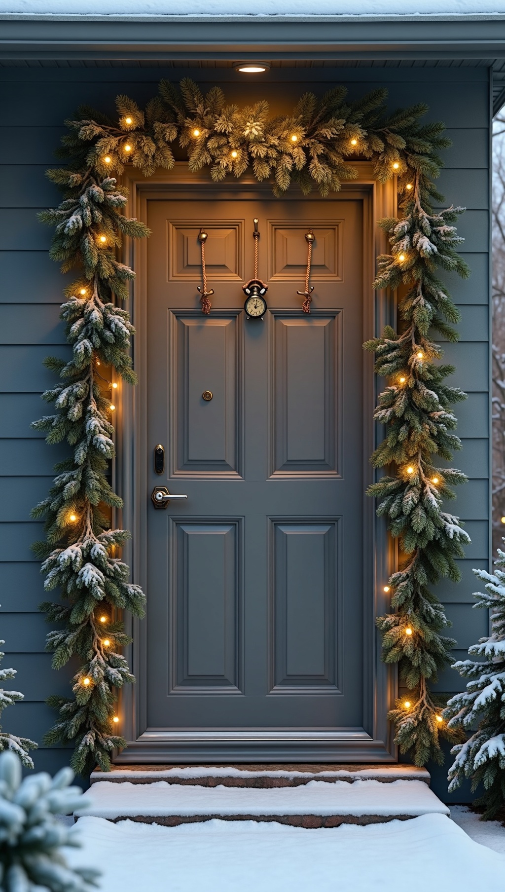 Snowy doorway framed with cedar garland and fairy lights