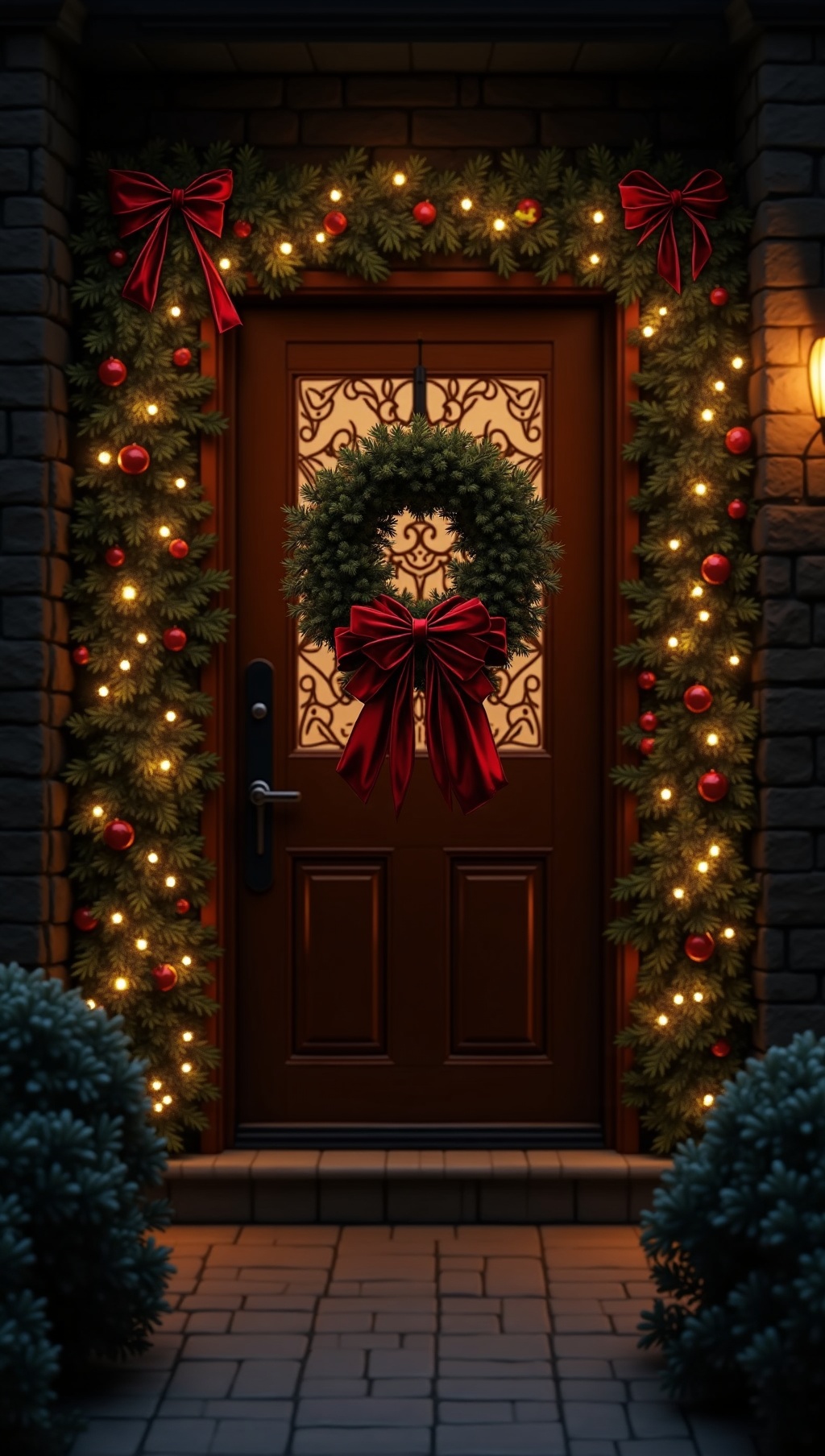 Evergreen garland with deep velvet bows at twilight