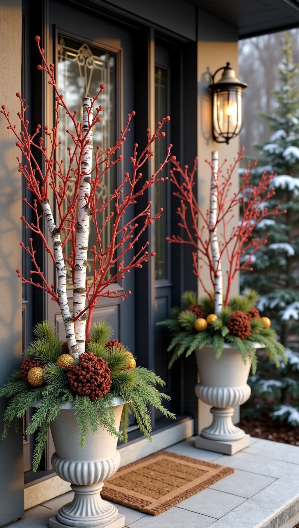 Winter urns flanking a door like mini gardens