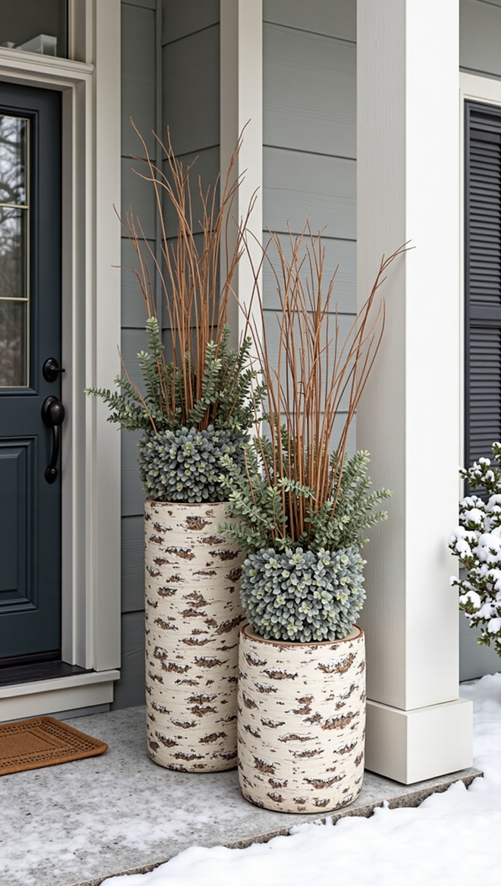 Tall planters with birch logs and eucalyptus