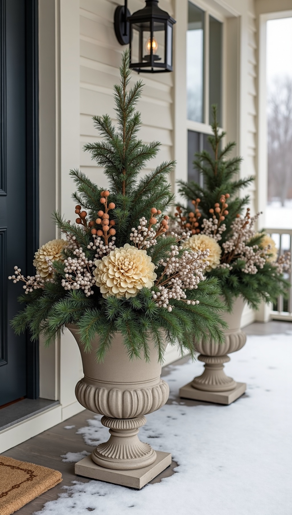 Porch urns with evergreen boughs and dried hydrangeas