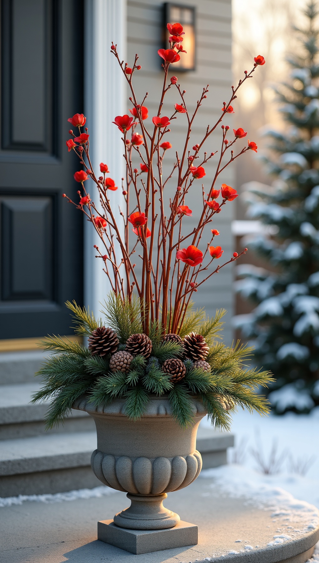 Planter with dogwood branches and pinecones in a stone urn