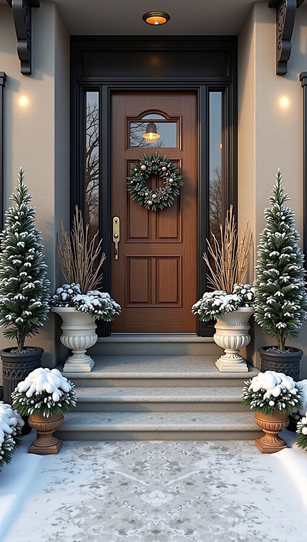 Symmetrical urns with birch poles and gold accents