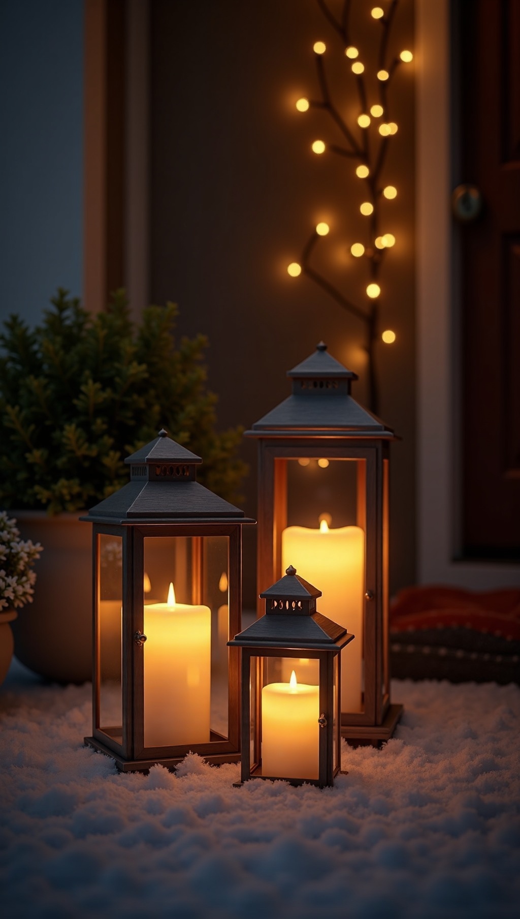 Trio of lanterns with flameless candles on a doorstep