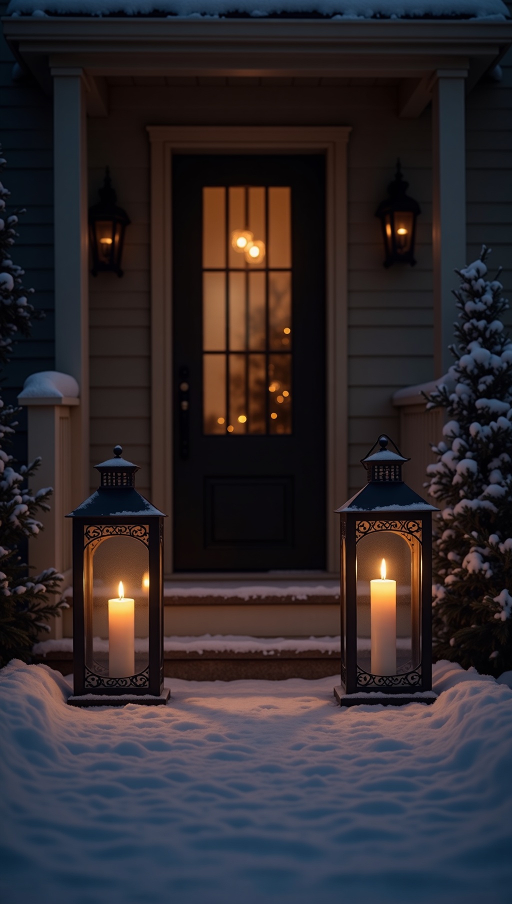 Black metal lanterns glowing on a snowy doorstep