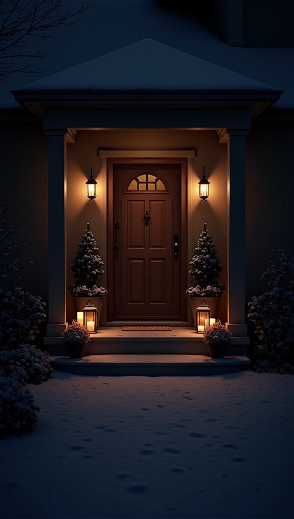 Porch lit only with lanterns on a snowy night
