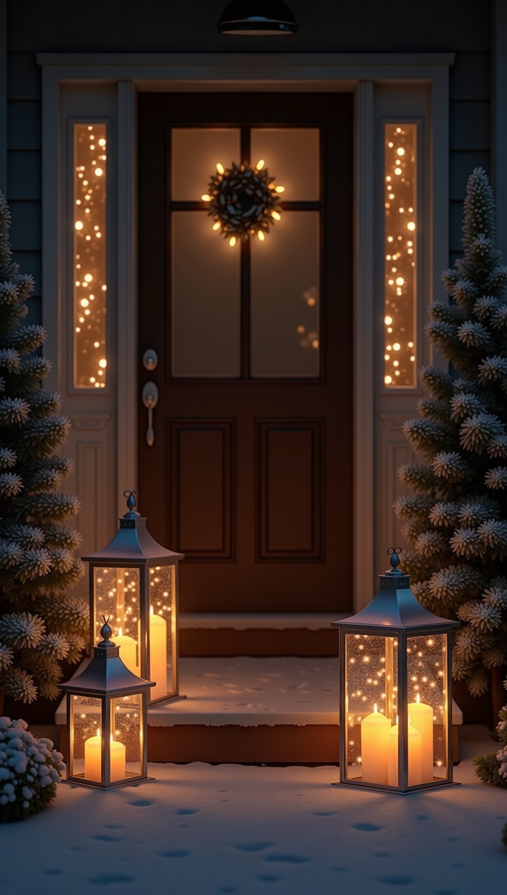 Varied-height lanterns flanking a front door