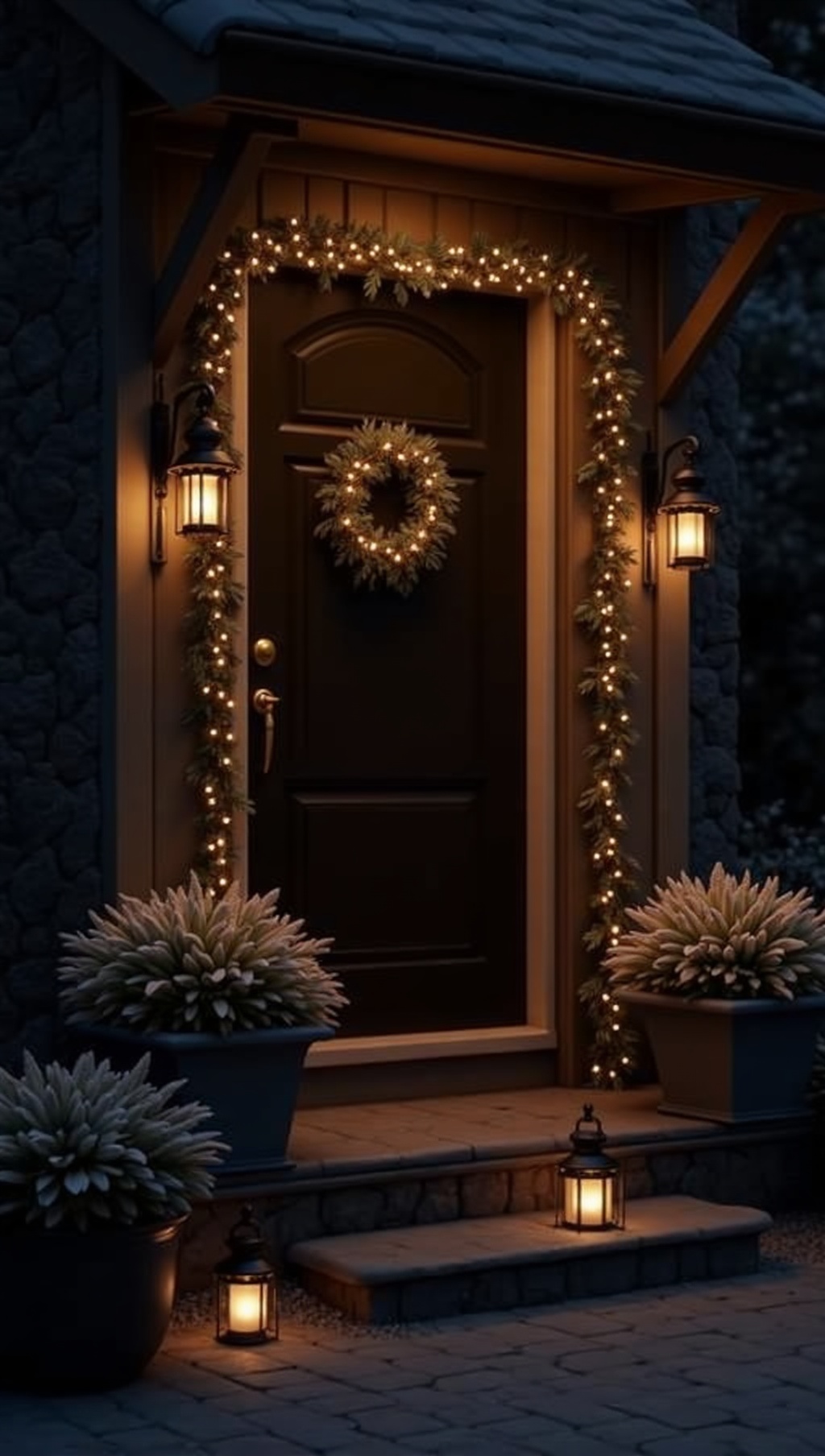 Brass and black lanterns with fairy lights around planters