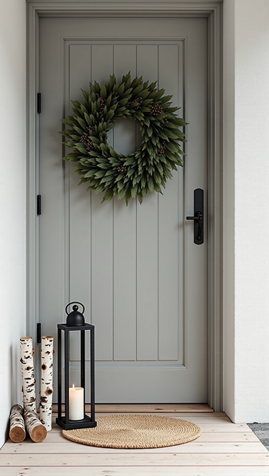 Minimalist Scandinavian winter entry with matte black hardware