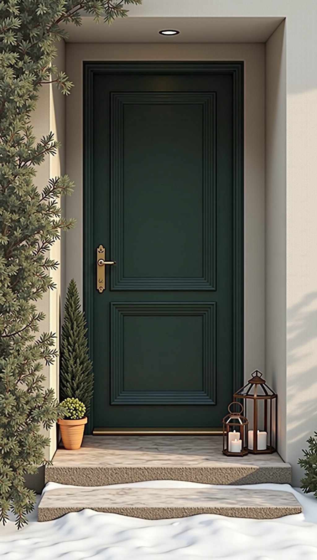 Calm hygge doorway with plain greenery and a brass lantern