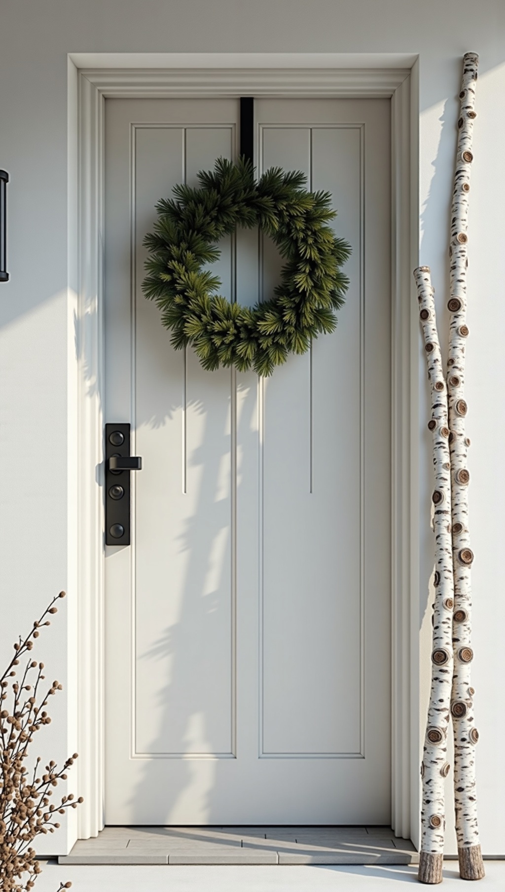 Clean Scandinavian door with a simple wreath and birch logs