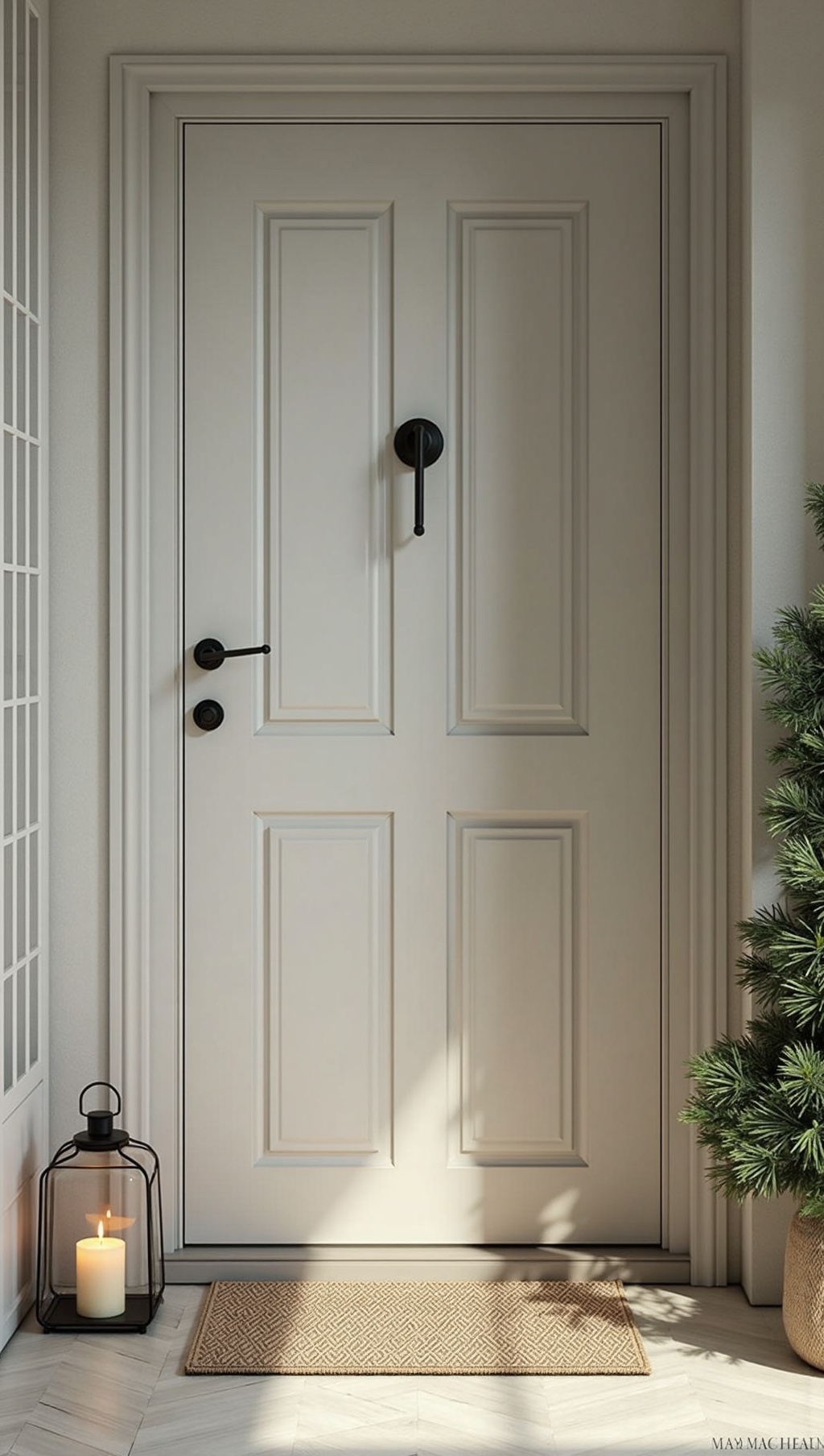 Minimal entry with one large candle lantern and neutral mat