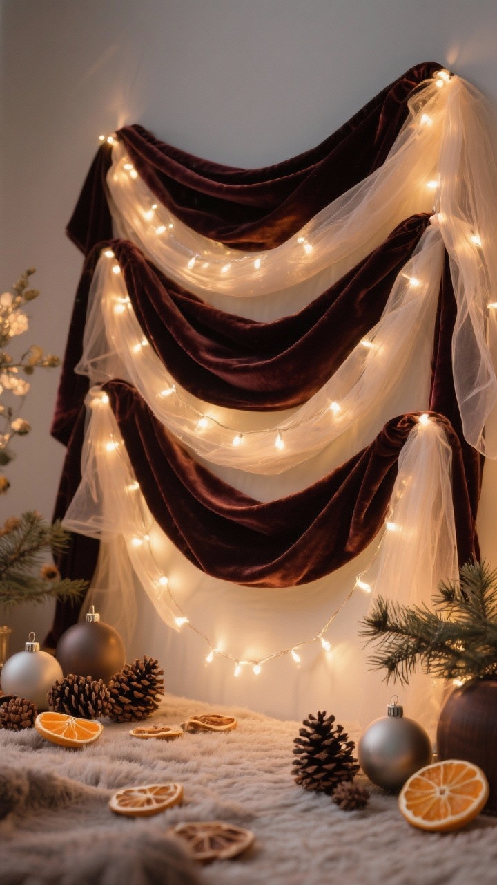 5–3 inch velvet and gauze ribbons woven in soft billows; warm-white micro lights snaked evenly; finishing touches of natural pinecones, matte ornaments, and dried orange slices; rich texture and depth, cozy evening lighting