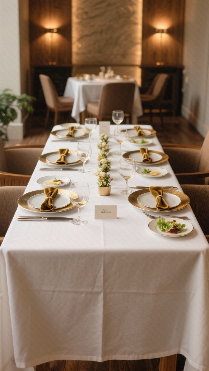 A boutique-hotel-style dining table, wide shot, straight-on: a crisp white linen tablecloth over a wood table, neatly ironed; layered place settings with a metallic charger, neutral dinner plate, and salad plate; gold-rim glassware sparkling; linen napkins threaded through velvet ribbon at each place; minimal name cards; a low, elongated centerpiece to keep sightlines clear; warm, flattering ambient lighting with soft reflections.