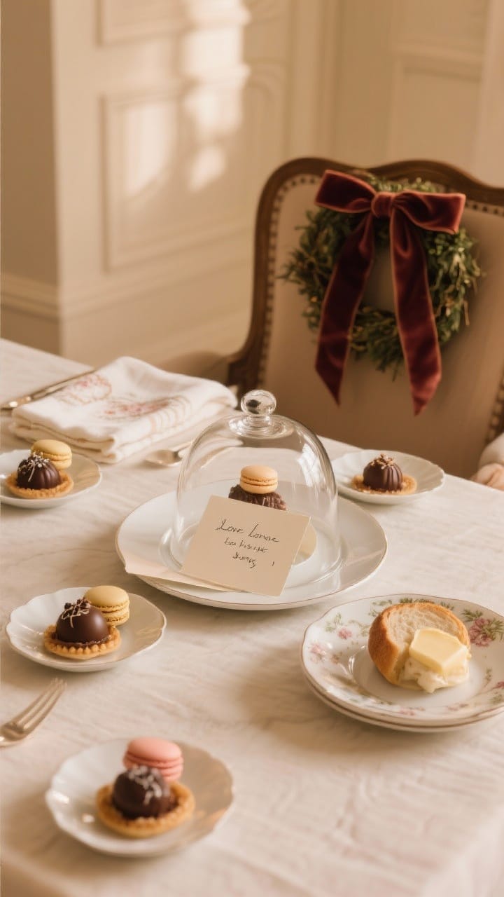 A close, styled vignette of indulgent finishing touches: mini dessert plates with truffles or macarons at each setting, a cloche-covered treat for a dramatic reveal, a handwritten love note or quote card partially tucked under a plate, and a linen towel with a pretty dish for bread and butter service. Optionally show a velvet ribbon or small wreath on a chair back in the background. Warm, inviting, detail-rich lighting.