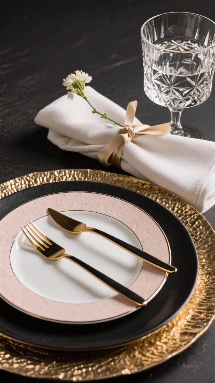 A close, three-quarter angle shot of a luxe place setting stack showcasing contrast: a matte black or antique gold hammered charger, a classic white plate with a thin metallic rim (or blush stoneware), gold or black flatware, and faceted water goblet with a delicate wine stem. Finish with a folded napkin tied in a ribbon or topped with a tiny flower stem. Balanced highlights and shadows emphasize matte vs. shine, smooth vs. textured.
