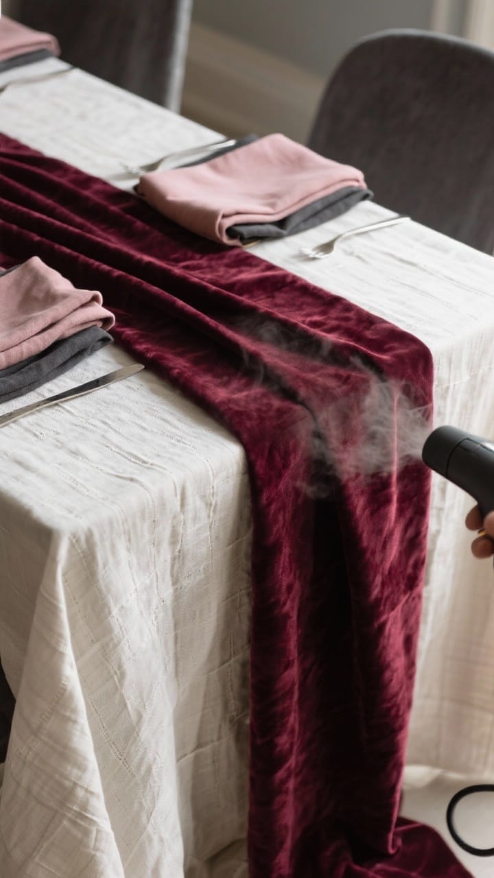 A closeup, angled detail shot focusing on layered textiles: an oversized ivory linen tablecloth with couture drape, a burgundy velvet runner adding depth, and neatly steamed fabric napkins in complementary blush or charcoal linen/cotton sateen. Show the textures clearly—linen weave, velvet pile—and a hint of a handheld steamer or subtle steam-softened finish. Soft, diffused lighting that emphasizes fabric texture.