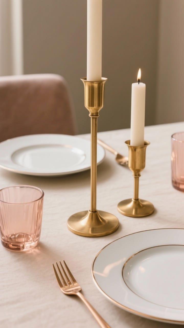 A closeup, angled shot highlighting subtle metallic accents: brass or brushed gold candleholders, coordinated gold or rose-gold flatware, and plates with a thin metallic rim on a neutral setting. Maintain one consistent metallic tone across items for a considered look. Warm, reflective highlights without harsh glare, romantic, luxe ambiance.