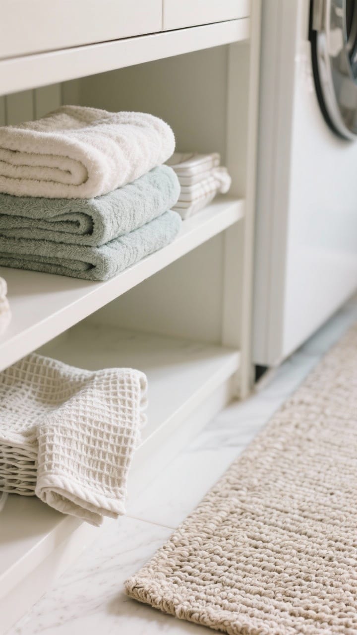 A closeup detail in a laundry/bath vignette highlighting soft goods upgrades: neatly folded plush bath towels in a coordinated home palette on an open shelf, a stack of fresh waffle-weave kitchen towels nearby, and a new, thick rug pad partially visible under a flatwoven runner; clean, bright light emphasizing the freshness.
