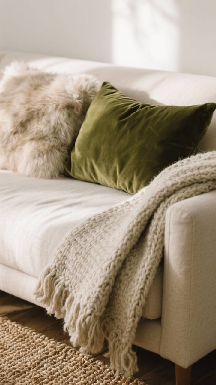 A closeup detail of layered textures on a sofa: smooth light linen upholstery as the base, a plush sage green velvet pillow and a soft faux-fur throw for comfort, and a chunky knit wool blanket draped over the arm with a jute rug peeking below; warm, diffused January daylight grazing the fibers to emphasize tactile contrast.