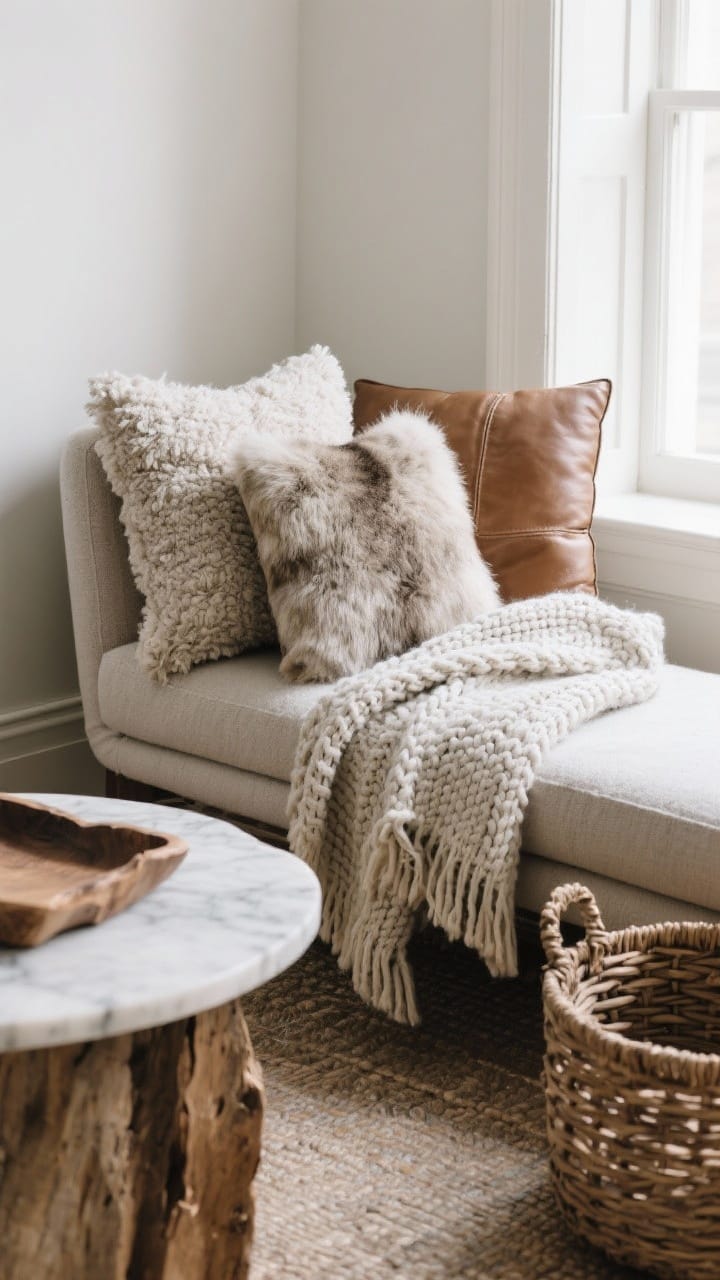 A closeup detail of layered winter textures on an armchair: bouclé and wool pillows stacked with a chunky knit throw draped casually, a small square of faux fur peeking from a bench beside it; a raw-edge natural wood tray on a marble side table, woven basket on the floor; tactile contrast between nubby knit and smooth leather accent pillow, soft diffuse window light.