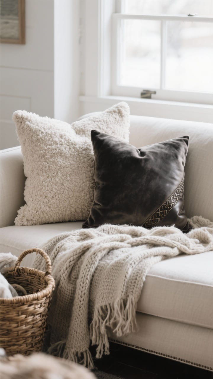 A closeup of a winter-ready sofa arrangement: two 22” textured neutral pillows in bouclé/linen blend, one 20” deep charcoal velvet accent pillow, and one leather lumbar with a subtle pattern; an oversized wool knit throw draped with strategic messiness; extras tucked in a woven basket nearby; soft natural window light.