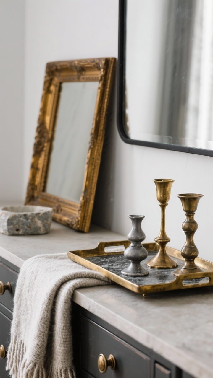 A closeup vignette highlighting quiet winter metals: antique brass frames leaning on a console next to a thin black metal mirror; a brass-and-stone bar tray with a mismatched trio of brass and pewter candleholders; aged brass cabinet knobs catching soft light; paired with matte textures like wool runner, linen, and stone for a patina-rich, winter-chic feel.