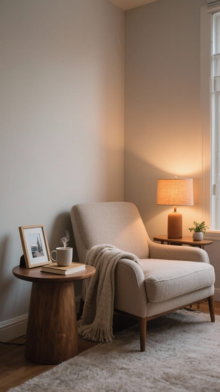 A cozy corner medium shot for a January reset space: a supportive upholstered chair with a soft throw, a small round side table holding a steaming mug and a book, a warm-toned table lamp creating soft evening light, and one personal touch—a framed photo and a tiny plant; peaceful, distraction-free mood.