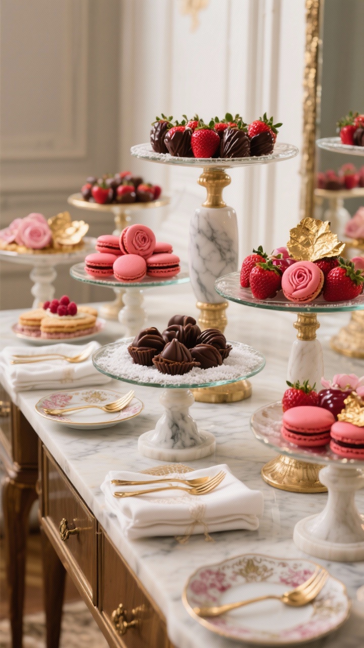 A decadent dessert display, wide shot on a sideboard: pedestal stands at varied heights in marble and glass; a color-coordinated spread—chocolate-dipped strawberries, ruby-toned macarons, rose petal shortbread, dark truffles; edible accents of gold leaf, a dusting of powdered sugar, and a drizzle of raspberry coulis; vintage dessert plates and gold dessert forks arranged neatly; folded napkins and tiny plates conveniently placed; soft glam lighting for appetizing sheen.