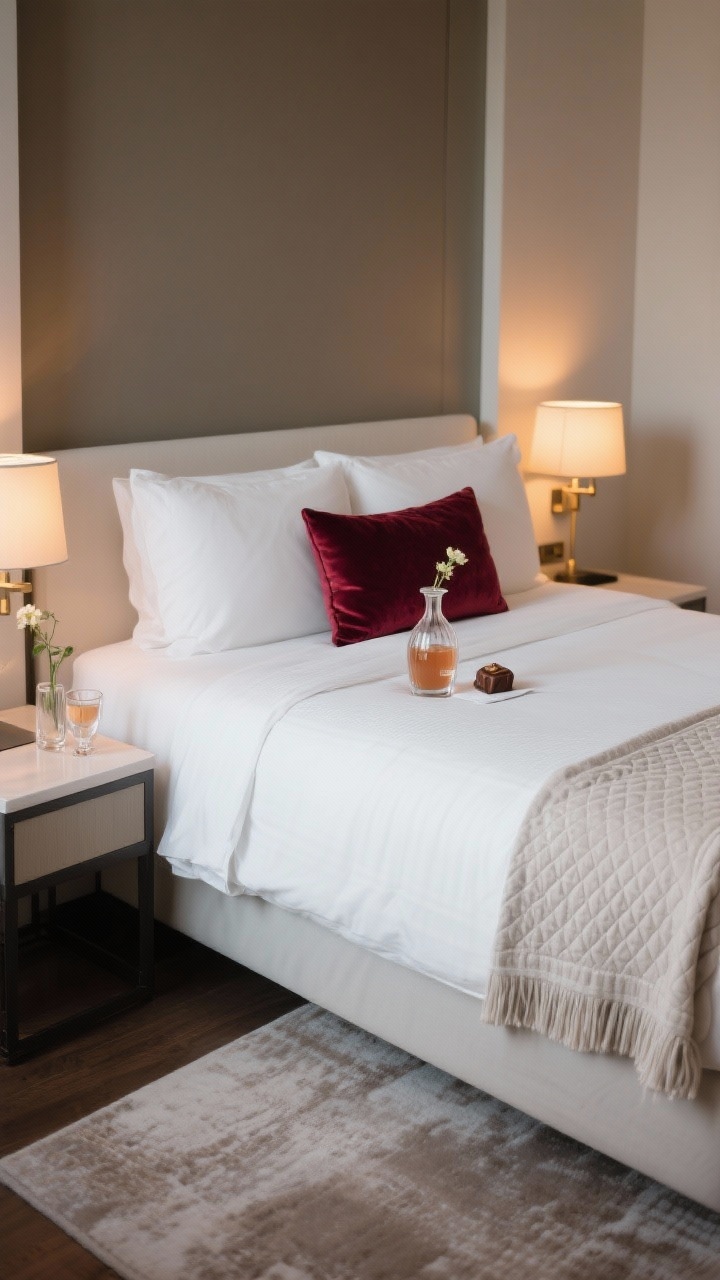 A five-star bedroom turndown, medium straight-on shot: crisp white bedding tightly made with a textured matelassé coverlet at the foot and a burgundy velvet lumbar pillow centered; bedside lamps on dimmers casting a warm glow; a small glass carafe with matching tumbler on the nightstand; a spritzed linen ambiance hinted by a discreet bottle; a chocolate on the pillow and a tiny bud vase; clutter-free surfaces, a soft rug underfoot, a folded throw at the end of the bed.
