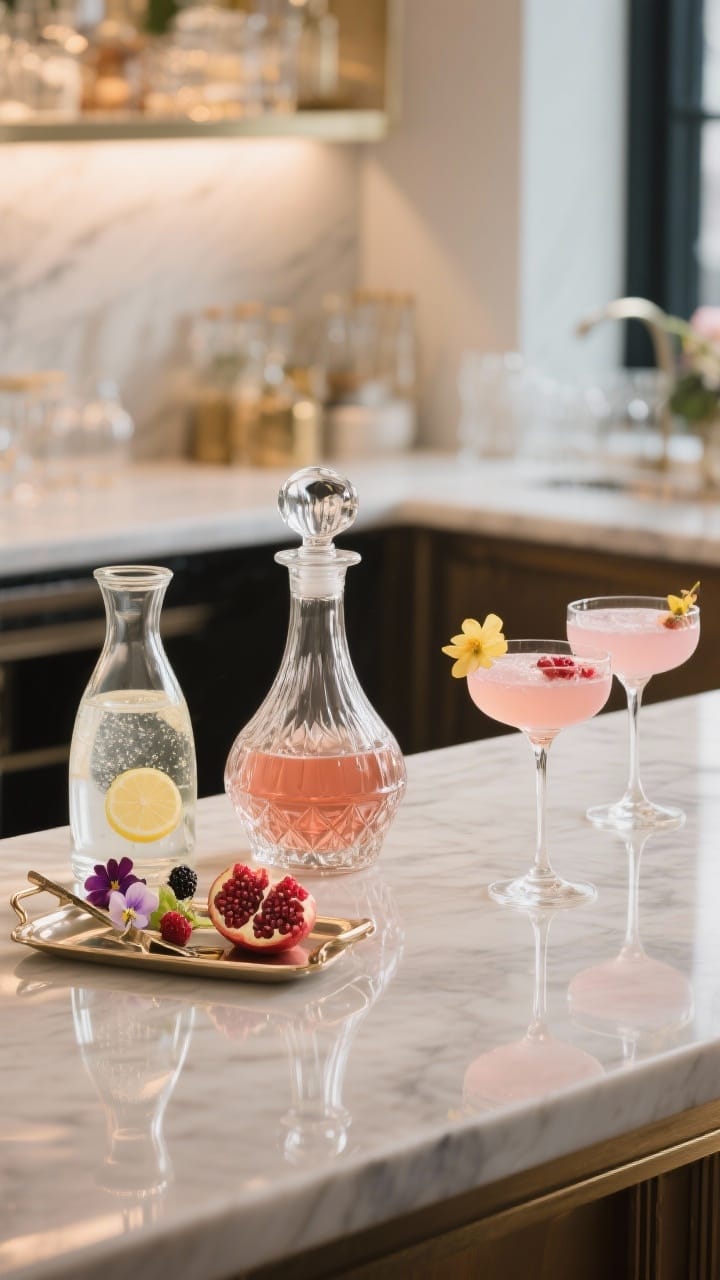 A medium, bar-side vignette showing elevated drinks: a crystal wine decanter with polished stopper, glass carafes of still and sparkling water with lemon and berry slices, and coupe glasses holding a blush gin fizz or pomegranate spritz. Add edible flower garnishes and a small tray with refined bar tools. Clean reflections, crisp glass details, and soft ambient glow.